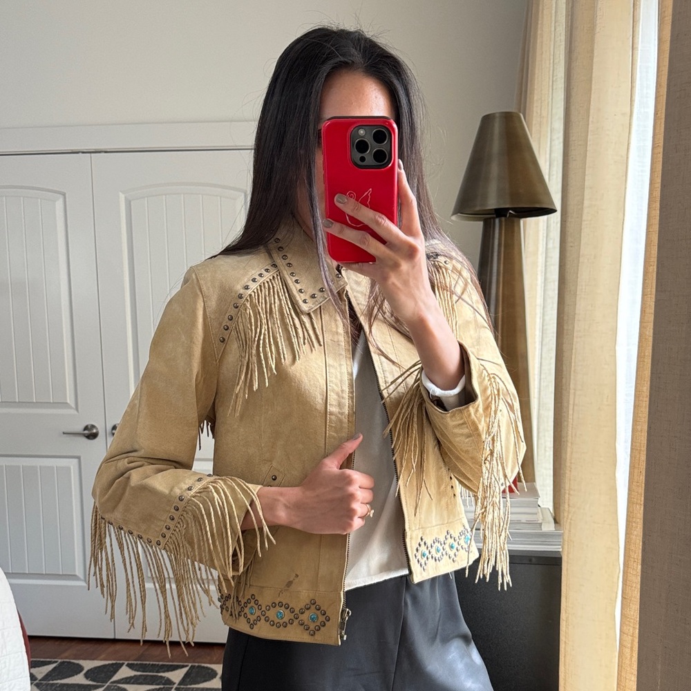 Scully Beige Fringe Leather Jacket with Turquoise Stud Accents - Picture 3 of 9